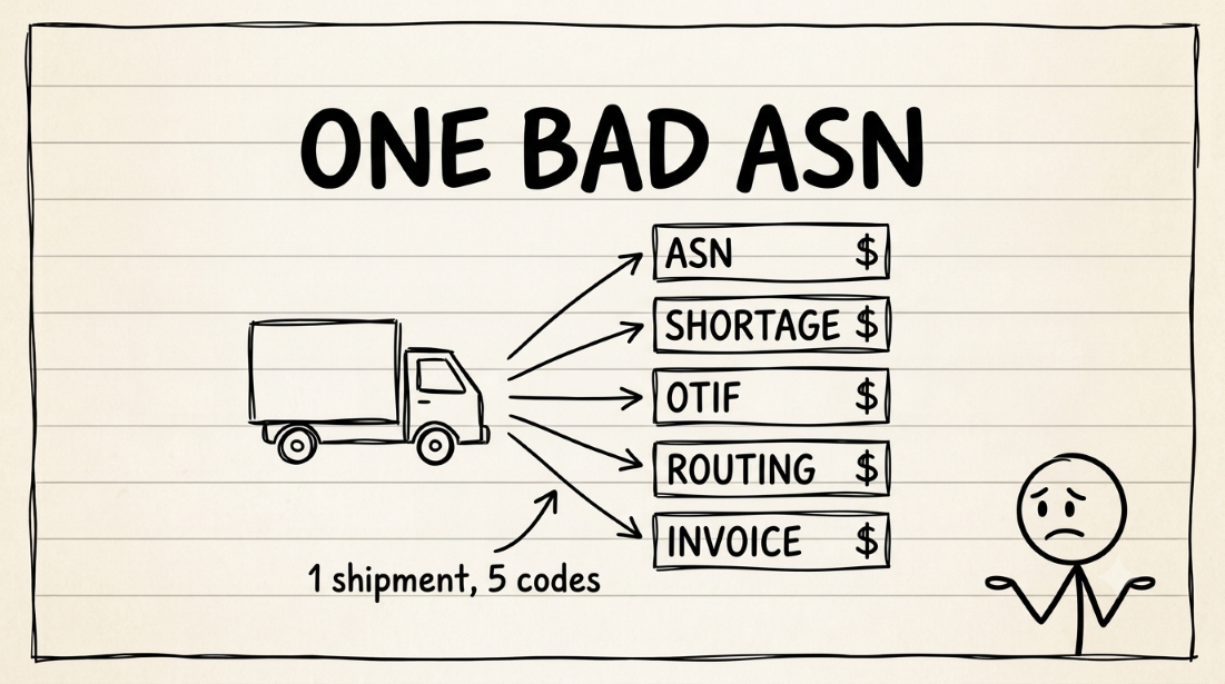 One shipment branching into five chargeback types: ASN accuracy, shortage, OTIF, routing, and invoice mismatch