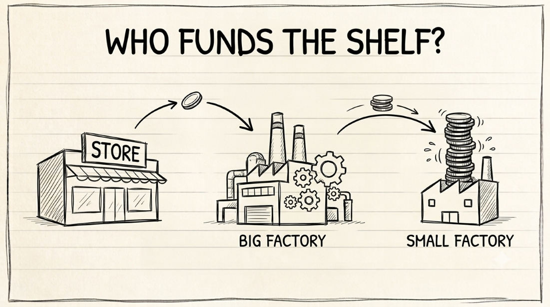 Hand-drawn whiteboard diagram of cash flowing from retailers to large CPG brands to smaller brands