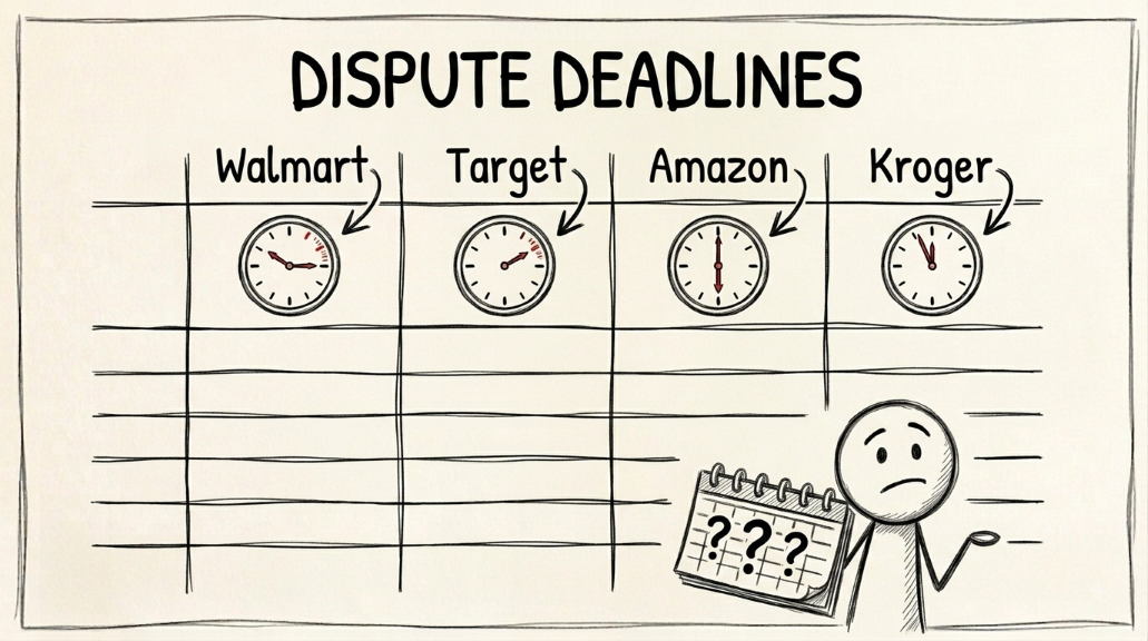 Hand-drawn whiteboard-style reference table with four retailer columns labeled Walmart, Target, Amazon, and Kroger, each with a clock icon showing a different dispute deadline window, a stick figure holding a calendar with question marks, and a bold hand-lettered headline reading Dispute Deadlines