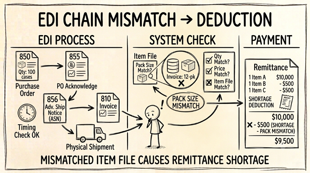EDI 810 invoice document chain: 850 to 856 to 810 three-way match producing a shortage deduction