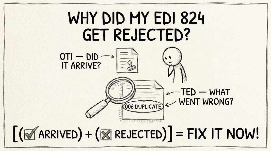 Hand-drawn whiteboard-style diagram explaining the EDI 824 Application Advice: a document flowing through an OTI segment check and a TED error-code segment, labeled with arrows, showing how an unresolved rejection turns into a deduction weeks later