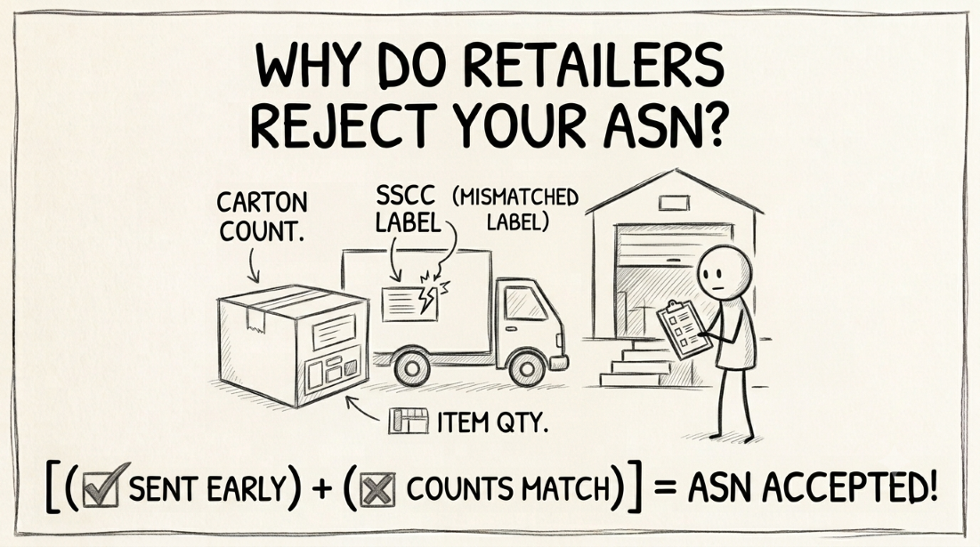 Hand-drawn whiteboard-style diagram explaining the EDI 856 Advance Ship Notice: a truck and a shipment carton labeled with carton counts, SSCC labels, and item quantities, with an arrow showing a rejected ASN turning into a shortage deduction