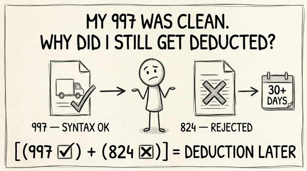 Hand-drawn whiteboard-style diagram comparing the EDI 997 Functional Acknowledgment and 824 Application Advice: a document passing a syntax check labeled 997, then a content check labeled 824, with a branch showing what happens when no 824 exists