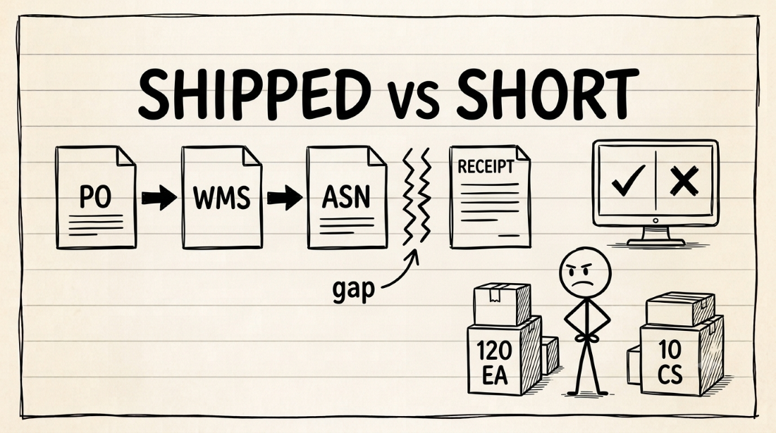 Four quantities from four systems creating one shortage deduction: PO, ERP, WMS, and retailer receipt diverging into a gap