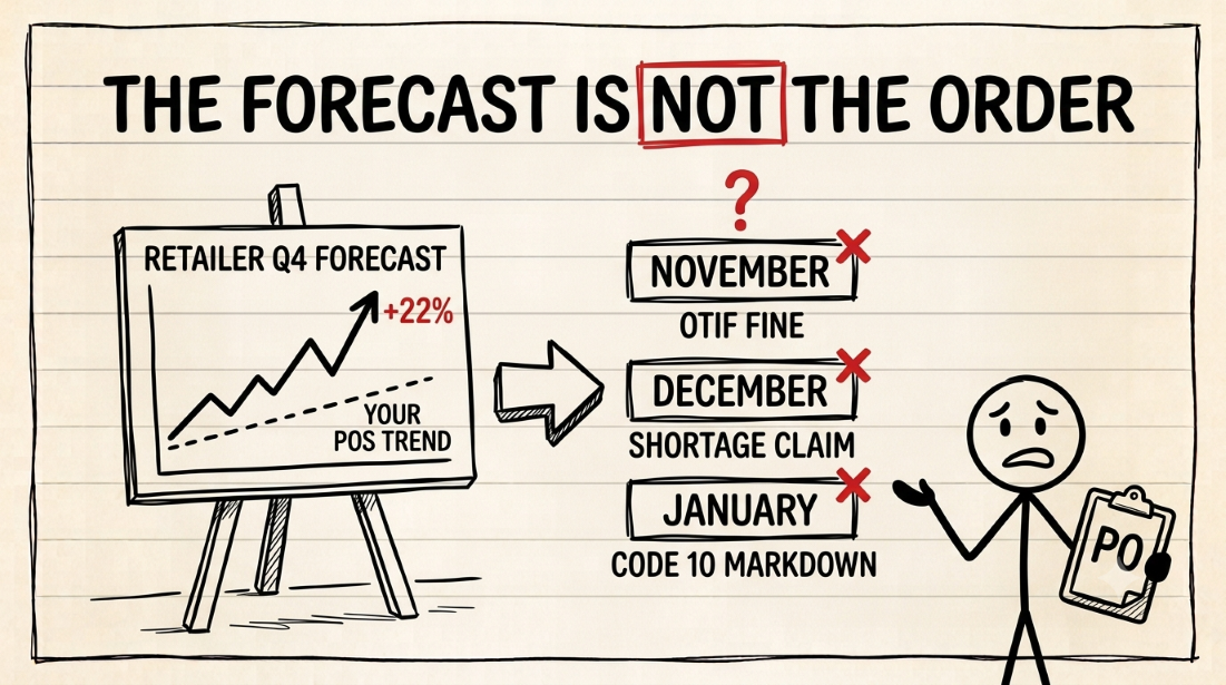 Whiteboard-style diagram of a CPG supplier receiving an inflated Q4 forecast from a retailer, showing the branching risks of accepting it uncritically: OTIF fine in November, shortage claims in December, and markdown deductions in January