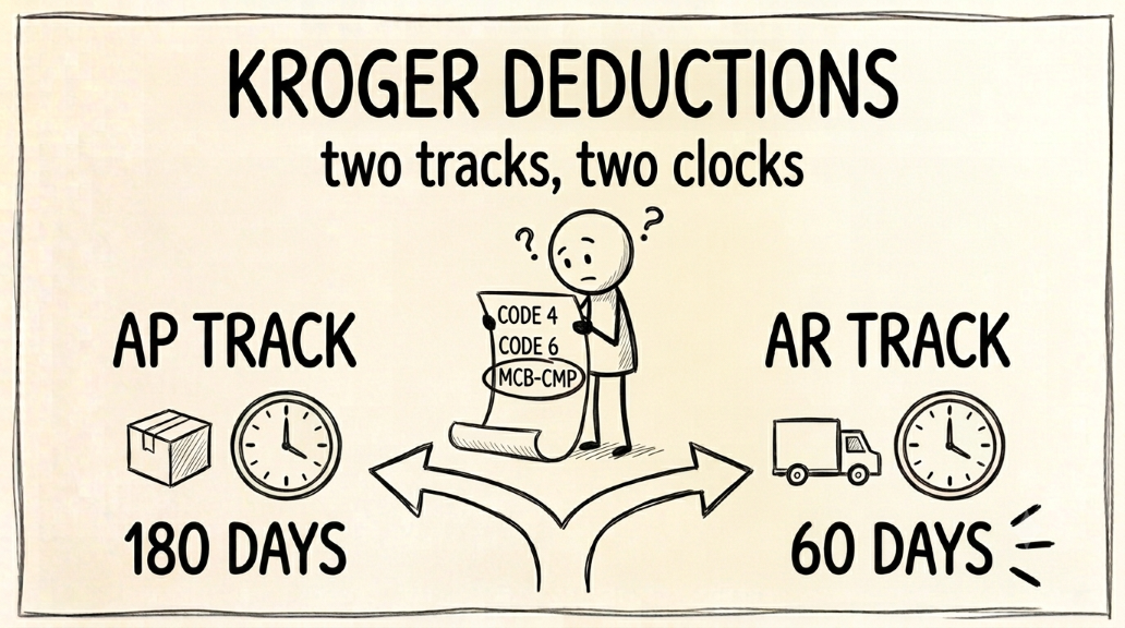 Hand-drawn whiteboard-style diagram showing a Kroger remittance line with a numeric deduction code circled, an arrow pointing to a stack of vendor-source PDFs labeled SPS Commerce, iNymbus, and Confido, and a second arrow pointing to a portal window labeled Supplier Connect (formerly Lavante), with a stick figure holding a magnifying glass and a bold hand-lettered headline reading Kroger Deductions
