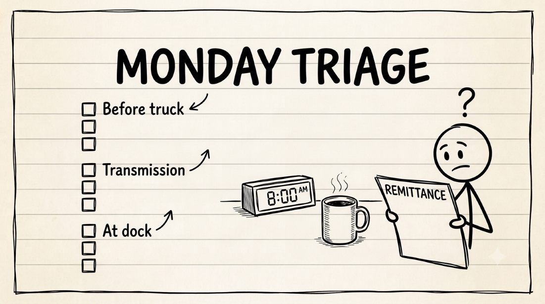 OTIF deduction triage checklist with nine checks before the Monday scorecard meeting