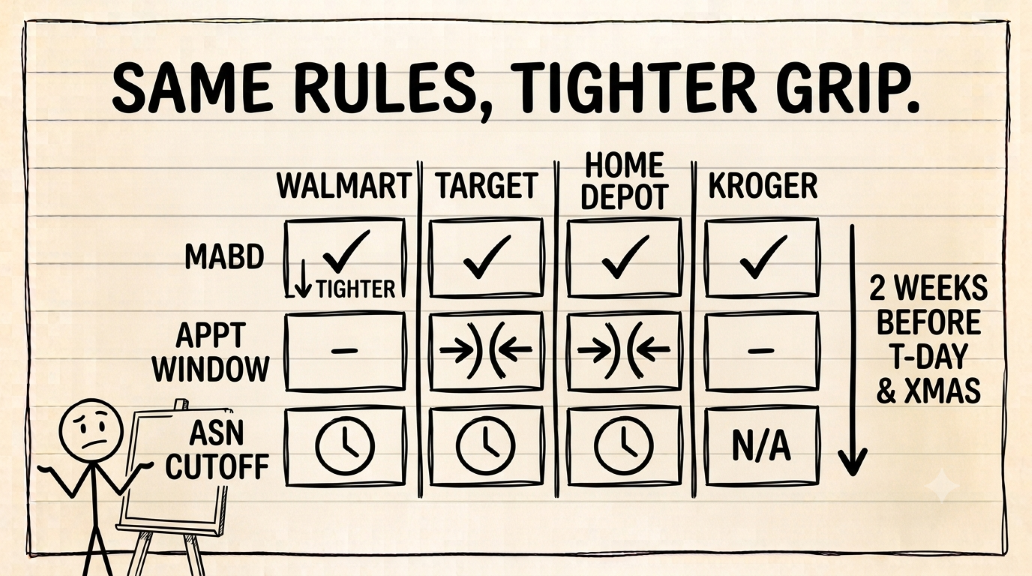 Whiteboard-style matrix comparing peak-season routing guide changes across Walmart, Target, Home Depot, and Kroger, with columns for MABD tolerance, appointment cutoff, ASN cutoff, and receiving behavior