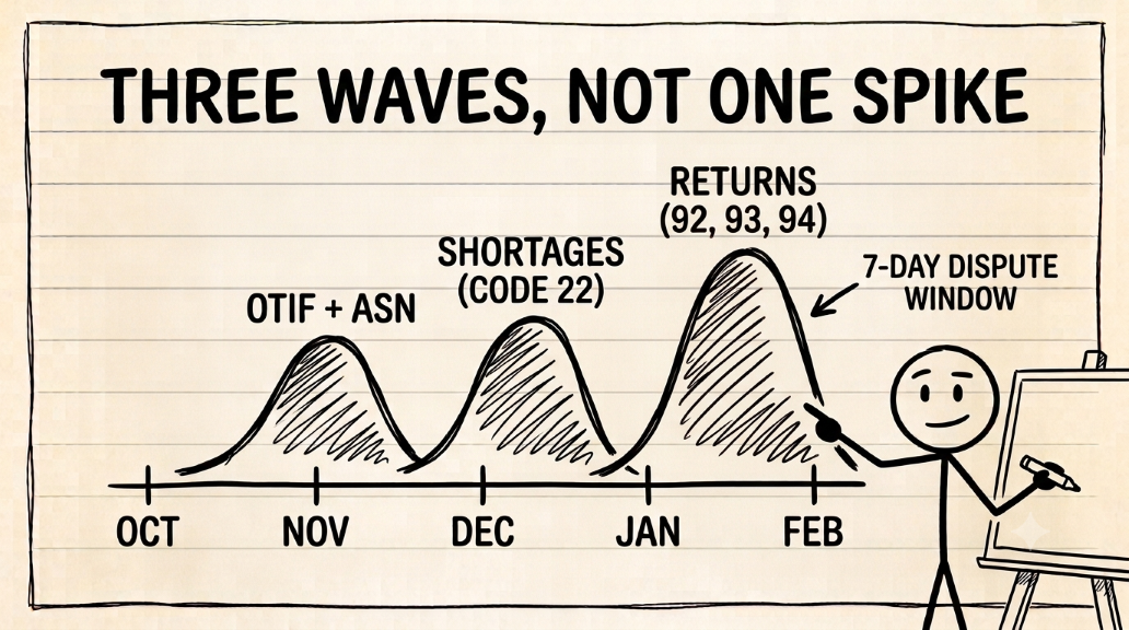 Whiteboard-style calendar diagram of the Q4 deduction cliff for CPG suppliers, showing OTIF fines peaking in November, shortage claims peaking in December, and returns and markdown deductions peaking in January and February