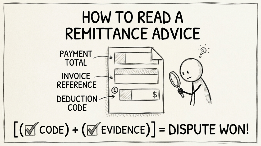 Hand-drawn whiteboard-style diagram explaining how to read a Walmart remittance advice: the payment total, invoice reference block, and deduction code line labeled with arrows, plus a checklist equation for matching a code to a claim type