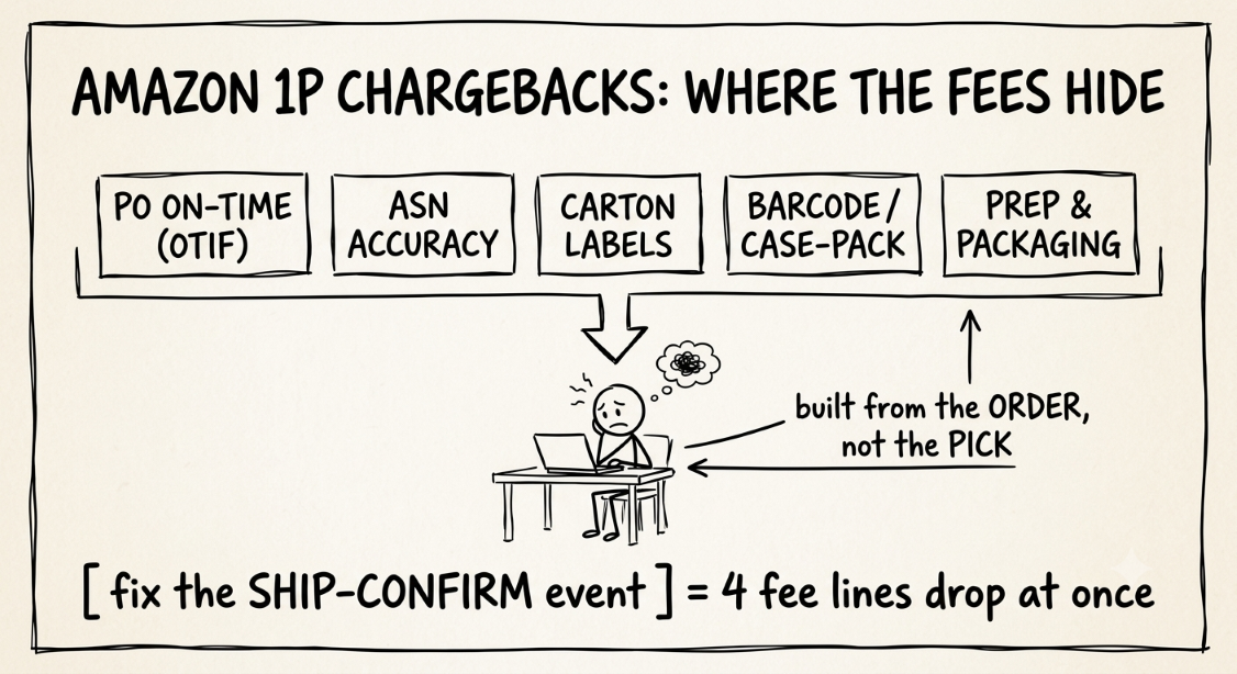 Amazon 1P chargeback categories: PO on-time, ASN accuracy, carton labels, barcodes, and prep, each with a prevention step