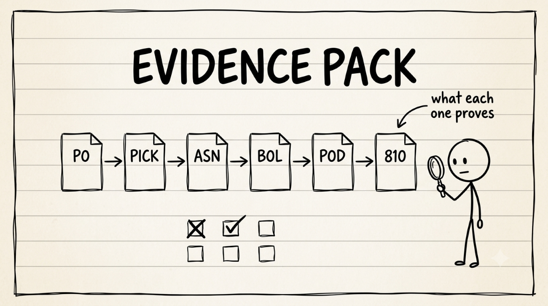 Deduction evidence checklist: PO, pick ticket, ASN, BOL, POD, invoice, and retailer receipt linked in a chain