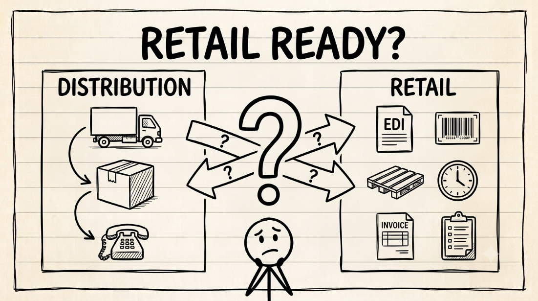 Two side-by-side checklists comparing distribution-ready and retail-ready CPG supplier operations