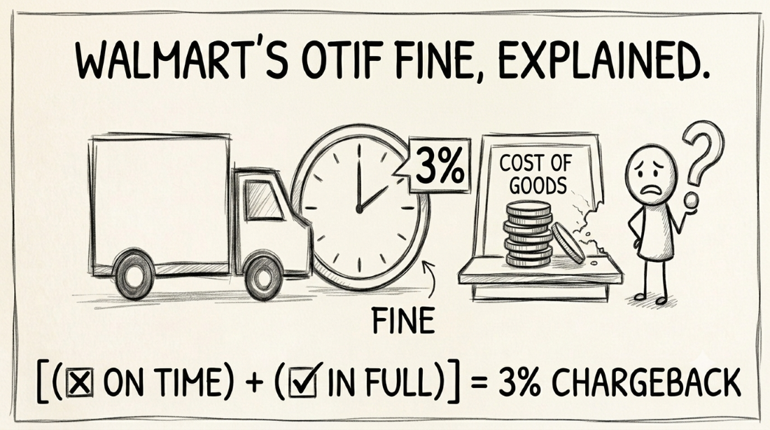 Hand-drawn whiteboard-style diagram explaining Walmart's OTIF fine: a delivery truck against a clock and a percentage sign labeled 3%, with a checklist equation showing on-time plus in-full compliance versus a chargeback